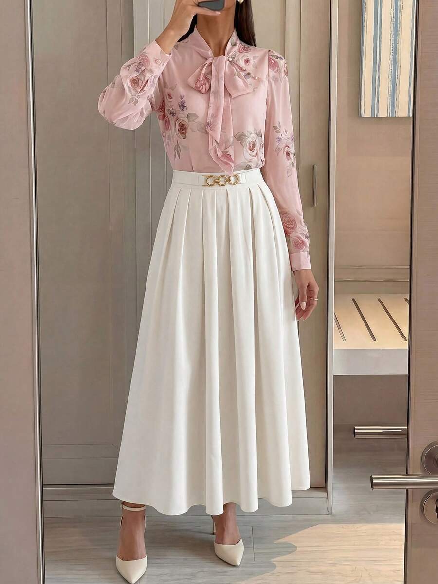 Modelyn Women's Solid Color Metal Decor Elegant Pleated Skirt - White - View 1