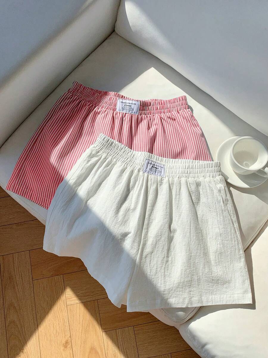 Comfortcana 2pcs Celana Pendek Wanita Musim Panas Kasual Girlisim untuk Berpergian, Liburan, Warna Polos dan Motif Pastel, Pinggang Elastis, Cocok untuk Golf - Merah - View 1