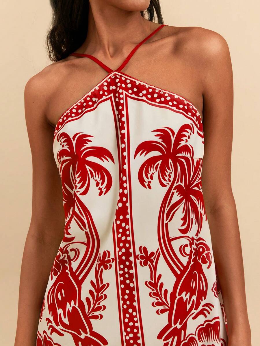 Travachic Woven Printed Halter Neck Mini Dress For Women - Red and White - View 1