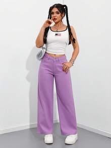 SHEIN PETITE 女士宽松口袋喇叭裤休闲牛仔裤 - 紫色 - 查看 6