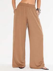 Femmeiva Women's Casual Girlisim Sports Solid Color Elastic Waist Slant Pocket Sweatpants Golf Pastal Summer - Brown - View 3