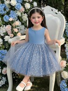 SHEIN Glamorique Kids Đầm trắng không tay cho bé gái, đính ngọc trai và nơ, phối lưới, thích hợp cho dạ hội, tiệc sinh nhật, biểu diễn, mùa hè. - Màu xanh lam - Xem 10