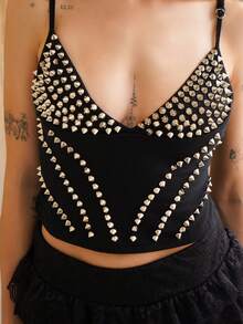 Ananda Vibes Spring/Summer Sexy Dark PUNK Rivet Chain Patchwork Women's Camisole - Black - View 5