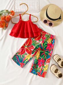 SHEIN Playful Pals 两件套女童碎花宽松吊带背心+裤子，度假风休闲夏季套装。色彩缤纷的碎花吊带背心套装，采用舒适透气的面料，宽松版型设计，适合女孩日常穿着、户外玩耍或家庭聚会。 - 彩色 - 查看 1