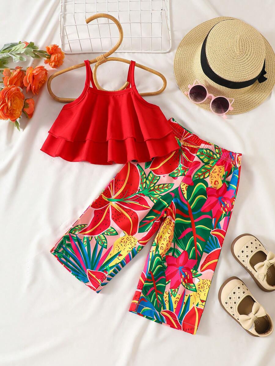 SHEIN Playful Pals 两件套女童碎花宽松吊带背心+裤子,度假风休闲夏季套装。色彩缤纷的碎花吊带背心套装,采用舒适透气的面料,宽松版型设计,适合女孩日常穿着、户外玩耍或家庭聚会。 - 彩色 - 查看 1