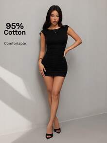 SHEIN PETITE Đầm ngắn hở lưng dành cho nữ, chất liệu dệt kim 100% cotton, thoải mái, đa năng, phù hợp cho kỳ nghỉ, hẹn hò và mặc hàng ngày. - màu đen - Xem 4
