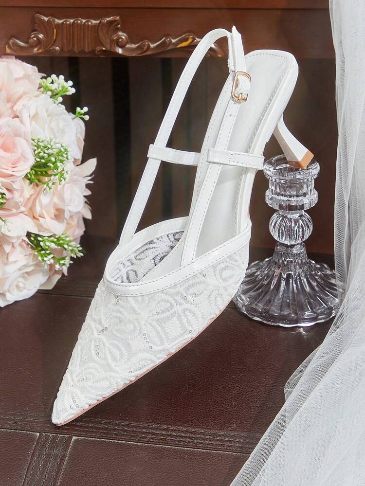 CUCCOO HITCHD Women's Shoes Pointed Mesh White Embroidery Pattern Rhinestone Decorative Rear Strap Fashionable Wear Stiletto High Heel Sandals