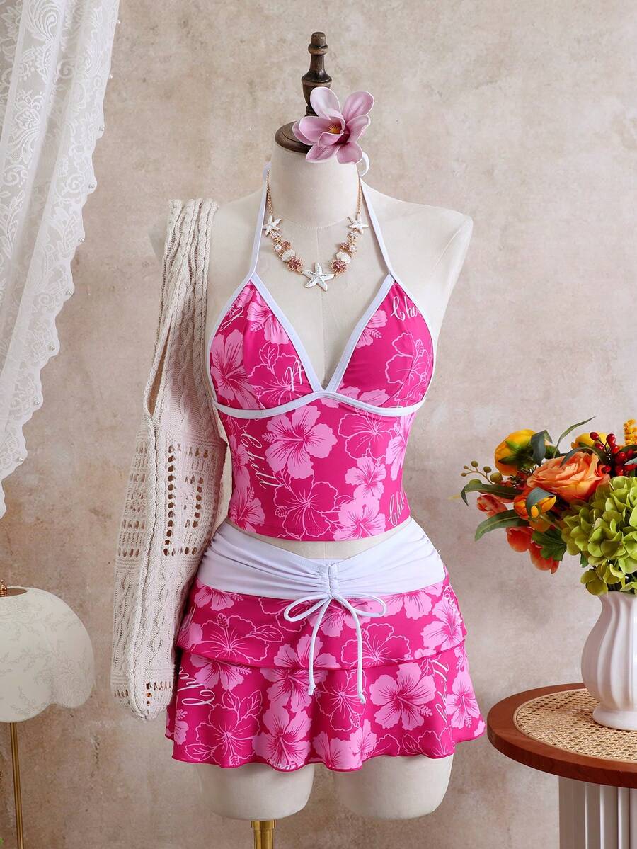 SHEIN Swim Mod 2026春夏大码女式玫红色印花露背上衣搭配短裤和多层半裙，休闲度假沙滩派对泳装套装 - 彩色 - 查看 1