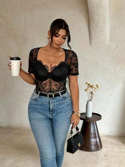 Firerie Blusa de encaje de manga corta ajustada de talla grande, top negro de encaje transparente de talla grande, top negro de encaje transparente, top sexy de encaje negro para mujeres