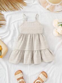 Travachic KIDS 女宝宝可爱夏季度假绿色纹理宽松吊带连衣裙 - 卡其色 - 查看 4