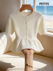 SHEIN PETITE 純色圓領前扣優雅短袖針織上衣，春夏優雅女裝上衣法式風格襯衫韓式風格襯衫，適合嬌小女性 - 杏色 - 查看 1