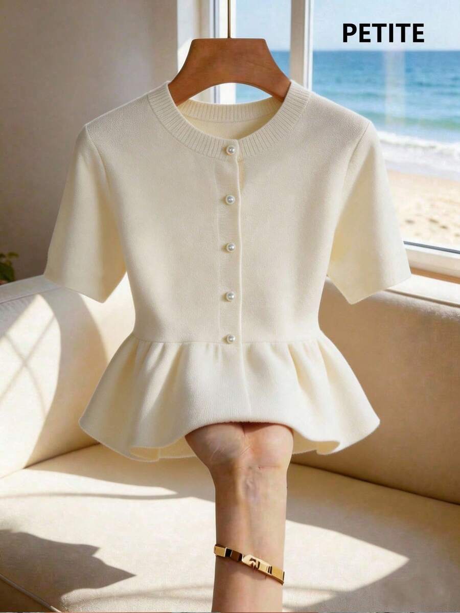 SHEIN PETITE 純色圓領前扣優雅短袖針織上衣,春夏優雅女裝上衣法式風格襯衫韓式風格襯衫,適合嬌小女性 - 杏色 - 查看 1