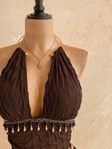 Soleia Women's Vintage Boho Textured Halter Neck Backless Tank Top,All Shades Of Brown Summer Holiday Music Festival Night Out Club Outfit With Zip Lining - Brown - View 5