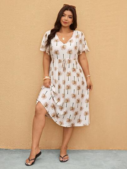 Elaquor Đầm cỡ lớn kiểu dáng thường ngày in họa tiết toàn thân