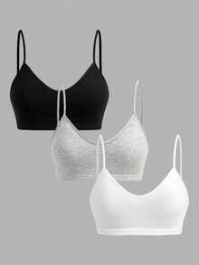 SHEIN Girlism 3件套女童V领吊带背心、带衬垫文胸和运动背心文胸套装，舒适纯色，适合春夏穿着，家居服，清新少女/美学风格 - 彩色 - 查看 3