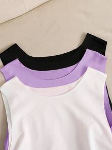 SHEIN Kids 3pcs Tween Girls' Casual Waist Tie Sleeveless Jumpsuit Set Girls Bodysuit Ruched Bodysuit Leotards Sleeveless Bodysuit Bodysuit Summer Solid Color Bodysuit Sleeveless Bodysuits Ruched Bodysuits - Multicolor - View 4