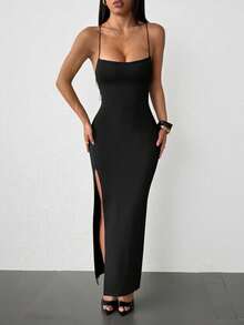 SHEIN PETITE Đầm midi nữ thanh lịch hở lưng, thắt eo, xẻ tà - màu đen - Xem 10