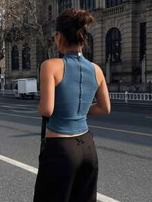 DAZY Summer Vacation Halter Metal Decor Fitted Women Denim Top - Blue - View 2
