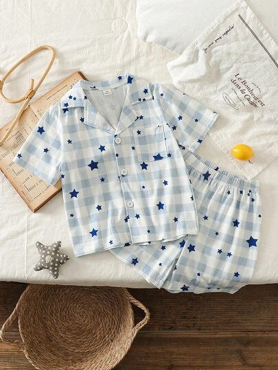 2pcs/Set Young Boy Plaid Star Print Short Sleeve Top And Shorts Pajama Set