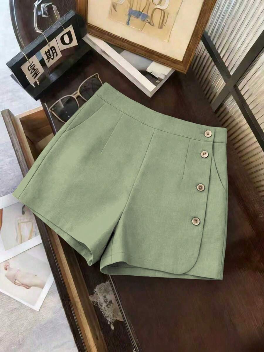 SHEIN Franclia Pantalones cortos versátiles de mujer de unicolor elegante y casual con decoración de botones, para verano - Verde Oliva - Ver 1