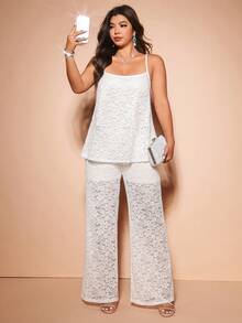 Cravure Plus Size Lace Patchwork Solid Color Camisole And Pants 2 Pieces Set - White - View 1