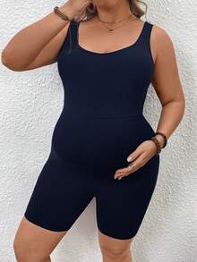 Plussiva Mono de maternidad de talla grande de unicolor con cuello redondo - Azul - Ver 5