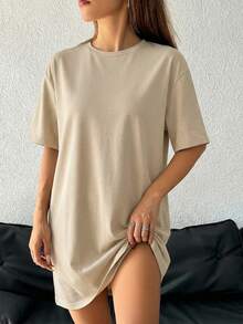 SHEIN EZwear Đầm ngắn tay cổ tròn dáng rộng thoải mái màu kaki cho nữ, thích hợp cho mùa hè. - Màu Khaki - Xem 4