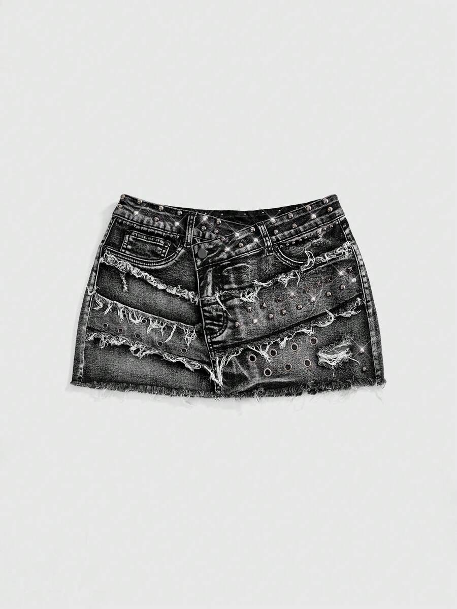 ROMWE J-Fashion Women's Y2K Retro Subculture Distressed Beaded Decor Ripped Tight Fitted Denim Mini Skirt - Grey - View 1