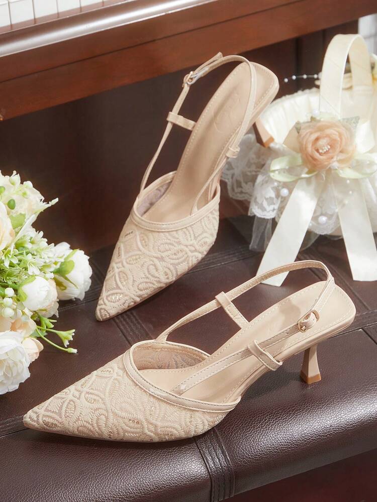 CUCCOO HITCHD Women's Shoes Pointed Mesh Apricot Embroidery Pattern Rhinestone Decorative Rear Strap Fashionable Wear Stiletto High Heel Sandals