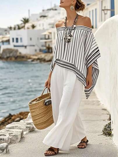 Juhart 夏季大码条纹露肩休闲不对称下摆沙滩连衣裙