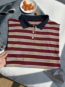 Comfortcana Plus Size Casual Retro American College Style Burgundy & Navy Striped Polo Shirt - Multicolor - View 3