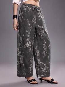 ROMWE Fairycore Vintage Retro Vintage Floral Print Loose Women's Baggy Jeans Everyday Dark Grey Summer - Multicolor - View 5