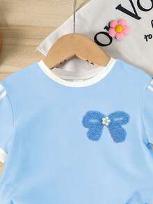 Bộ áo và quần short giả nơ màu xanh dương cho bé gái, trang phục thường ngày mùa hè cho trẻ em, quần short đạp xe kẻ sọc tương phản kiểu thể thao. - Nhiều màu - Xem 6