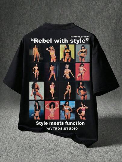 PAVTROS 超大宽松短袖T恤，落肩设计，复古朋克拼接印花，复古亚文化街头服饰，海报印花，适合复古亚文化街头服饰爱好者、音乐节、街头穿搭、Y2K风格，送给男友/老公的礼物