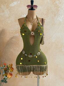 Soleia Đầm dệt kim hở lưng cổ yếm đính sequin tua rua dành cho nữ, thích hợp cho kỳ nghỉ hè. - xanh quân đội - Xem 3