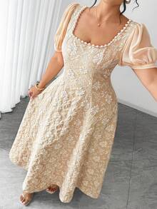 Elenzga Plus Size Women's Summer Fashionable Exquisite Elegant Pearl Texture Jacquard Decor Square Neck Short Sleeve Waist Fit A-Line Dress - Apricot - View 4
