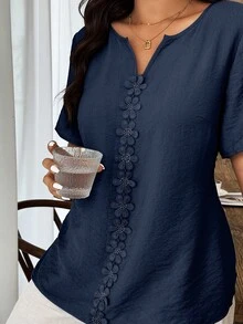 Weeklong Plus Size Women's Spring/Summer Vacation Floral Patchwork Ruffle Trim Loose Short Sleeve Top - Navy Blue - View 7