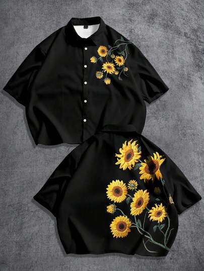Manfinity ZONE917 Camisa de manga corta holgada y corta con bordado de girasol, adecuada para primavera y verano, regalo para amigos, talla grande