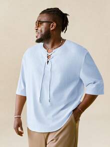 EASEVO Camisa informal holgada de manga corta y medio abotonada para hombres de talla grande, adecuada para el verano - Celeste - Ver 4