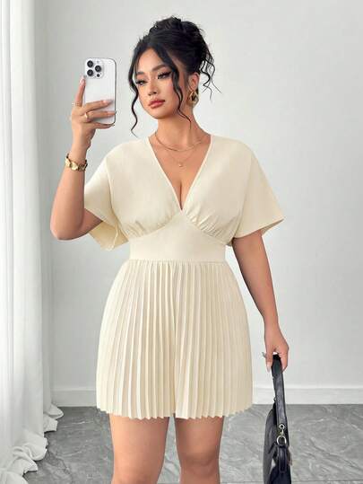 Elenzga Bộ jumpsuit nữ thời trang thanh lịch tay cánh dơi cổ chữ V xếp ly