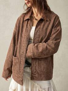 Bohemela Women's Casual Loose Long Sleeve Zip Pocket Plus Size Jacket In Fall/Winter - Coffee Brown - View 3