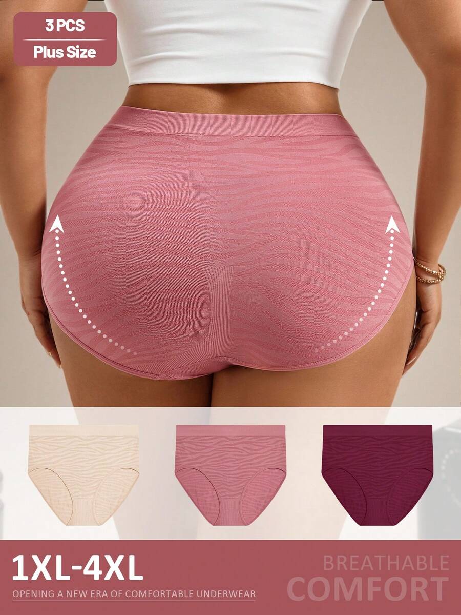 SHEIN 3 pièces Sous-vêtements pour femmes grande taille, confortables et extensibles, à taille haute, avec rayures zébrées sans couture et couvrance intégrale, rehaussant les fesses. Sous-vêtements grande taille pour femmes, culotte moulante et confortable.
