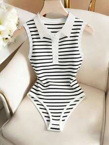 Franclia 黑白条纹无袖高领针织连体裤 - 黑與白 - 查看 1