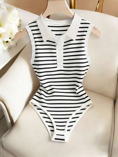 Franclia 黑白条纹无袖高领针织连体裤