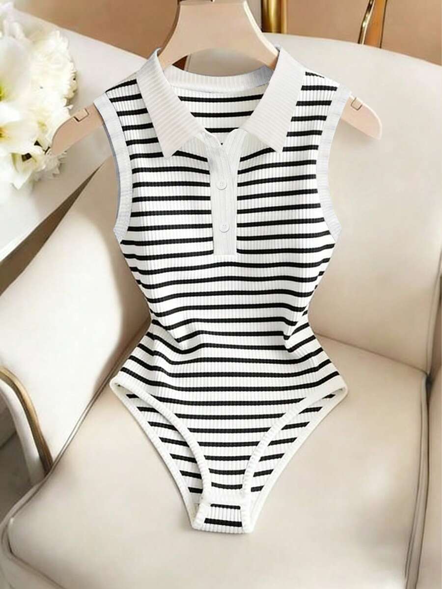 Franclia 黑白条纹无袖高领针织连体裤 - 黑與白 - 查看 1