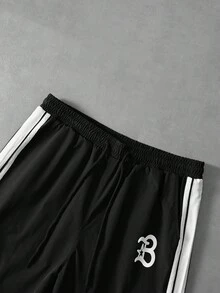 PAVTROS 男士夏季休闲条纹拉链短袖衬衫和短裤套装 - 黑色 - 查看 7