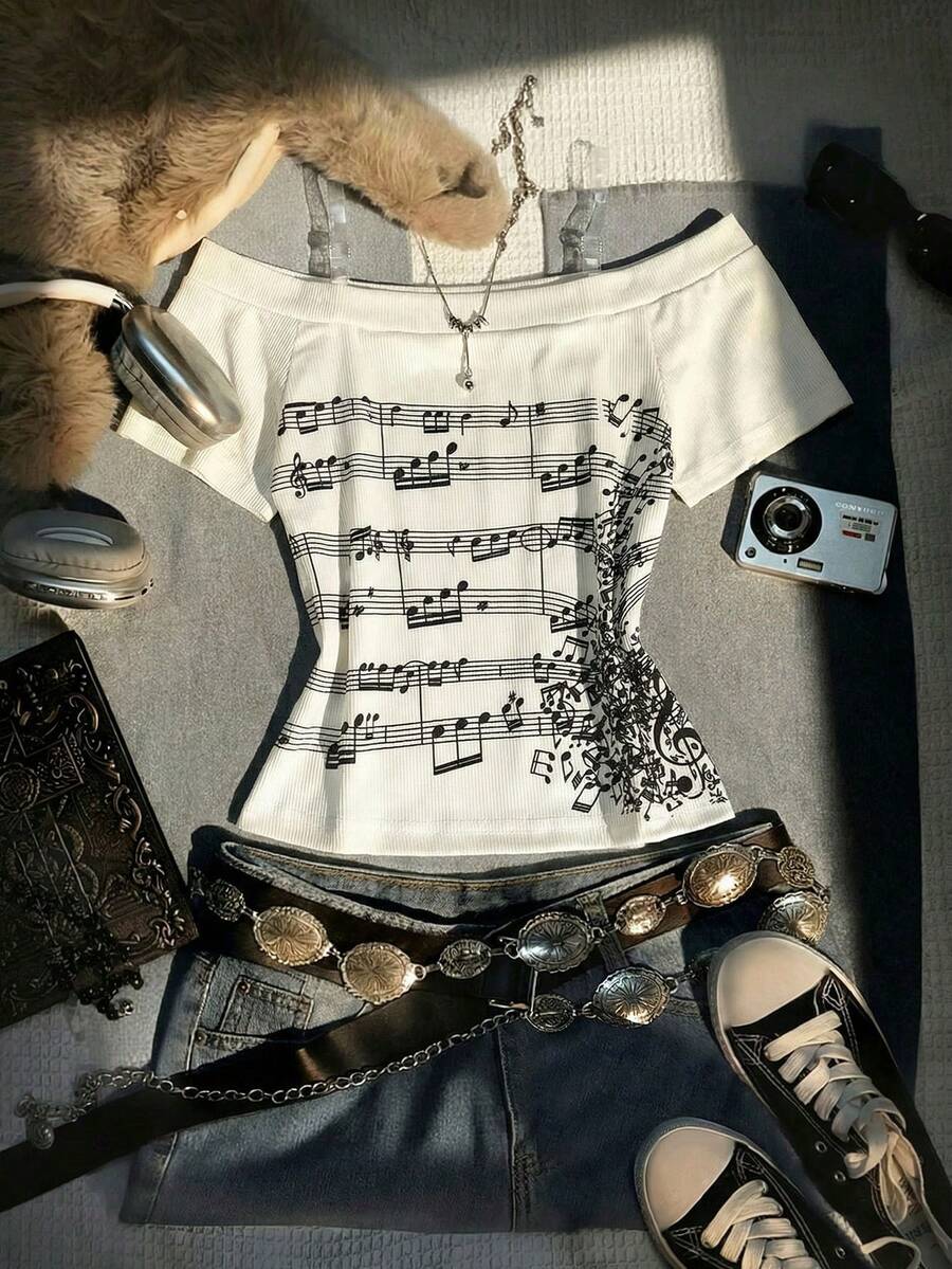 SHEIN Áo thun ngắn tay trễ vai kiểu vintage dành cho nữ tuổi teen, áo thun ôm dáng in họa tiết nốt nhạc, thời trang và đa năng, họa tiết sọc retro Y2K, chất liệu mềm mại, phong cách thường ngày, quà tặng cho chị em gái, phù hợp cho mùa tựu trường, quà tặng ngày lễ, mùa xuân/hè/thu. - Màu be - Xem 1