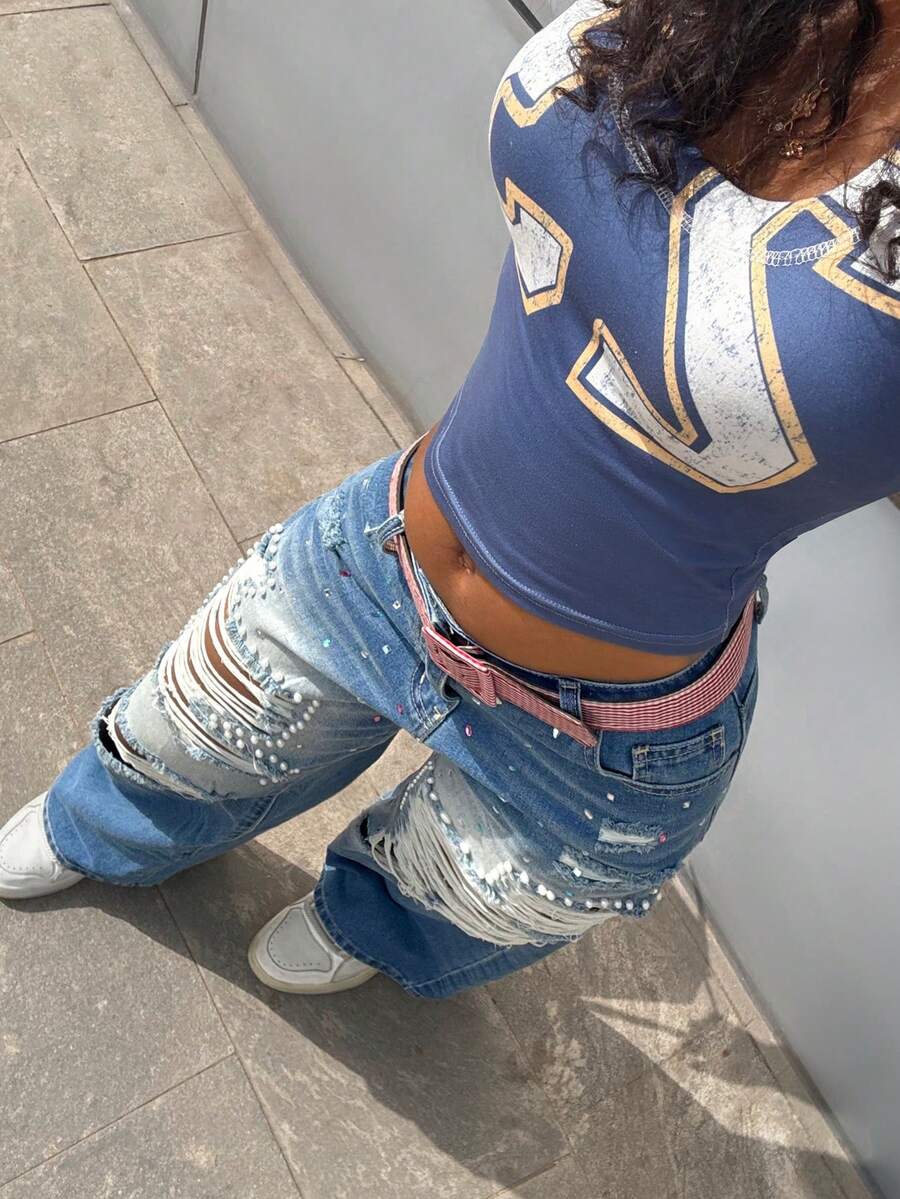 SHEIN Women's Rhinestone & Pearl Embellished Distressed Denim Jeans - Blue - View 1