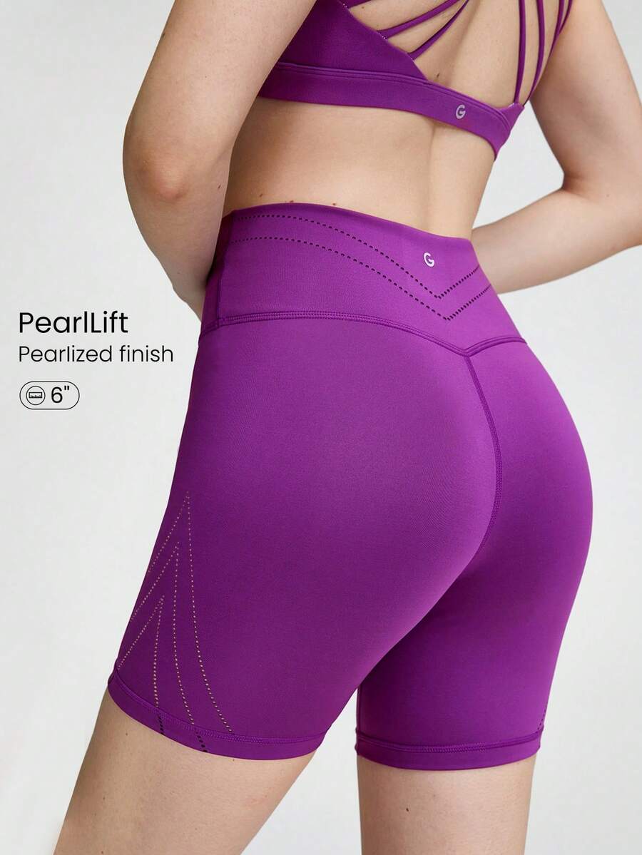 GLOWMODE 6" PearlLift Tummy Control Laser-Cut Biker Shorts Light Support Yoga Pilates Studio Gym Daily Casual - Purple - View 1
