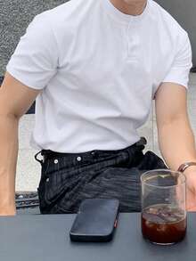 DAZY Men's Solid White Round Neck Half-Placket Short Sleeve T-Shirt - White - View 5